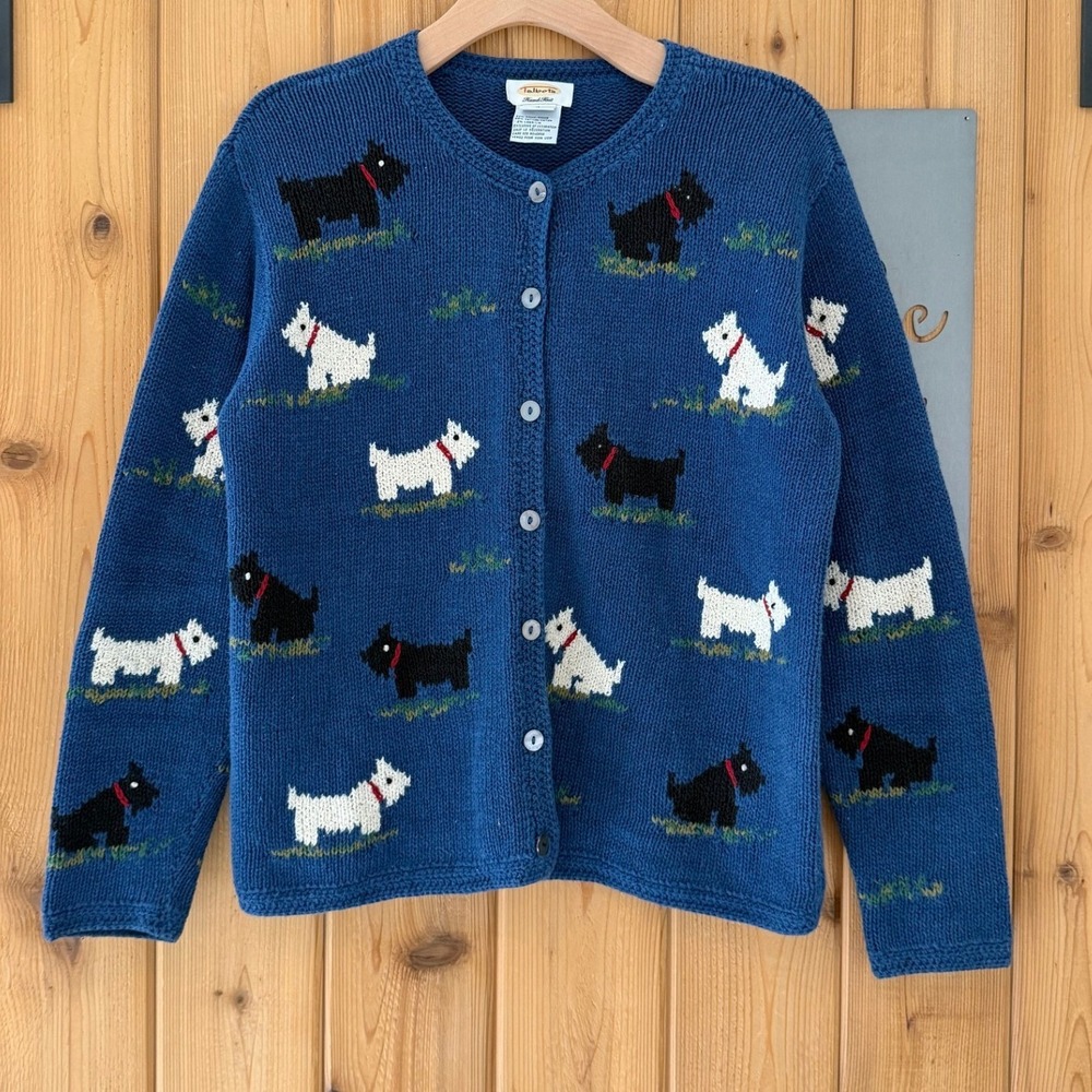 Talbots Vintage Terrier Dog Print Knit Cardigan Sweater in Blue Size Medium